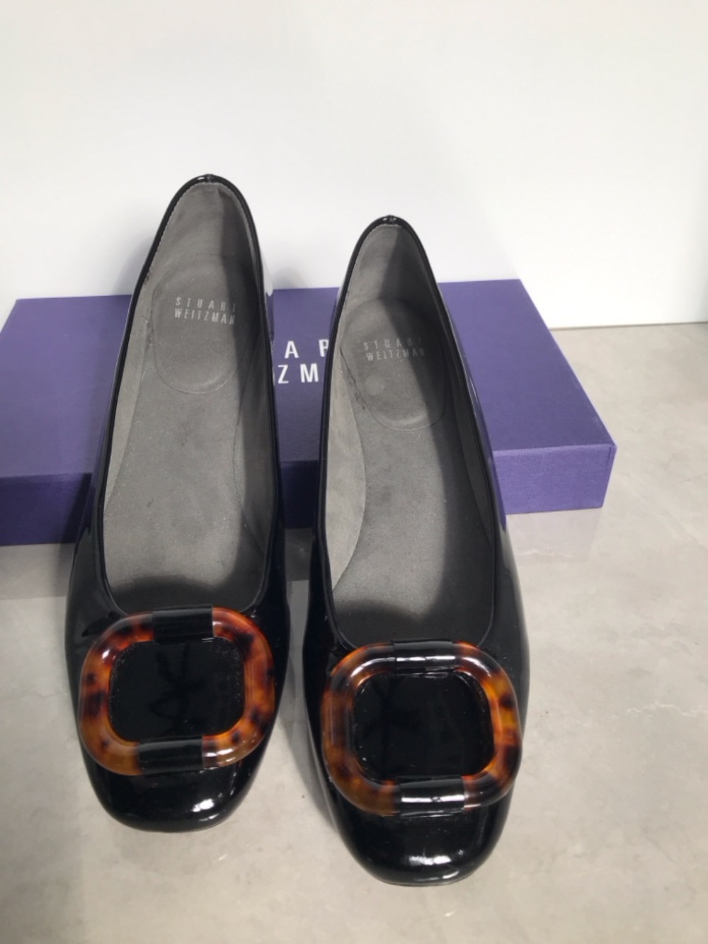 Stuart Weitzman Black Patent Flats with Tortoiseshell Accent